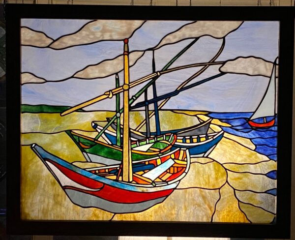 stained glass panel of Vab Gogh's boats
