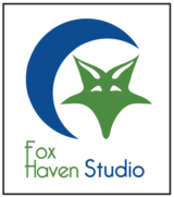 Fox Haven Studio logo, blue moon, green fox